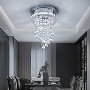 Crystal ceiling light with chrome round canopy and dangling clear droplet prisms