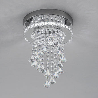Close-up crystal ceiling light with chrome ring and clear faceted droplet strands