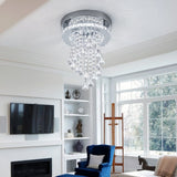 Crystal ceiling light fixture with chrome canopy and hanging clear faceted droplets