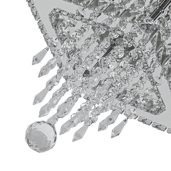 Close-up: faceted crystal droplets and prisms under a square frame