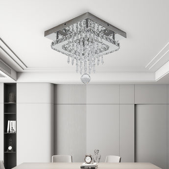 25cm square ceiling light with crystal panels and dangling drops