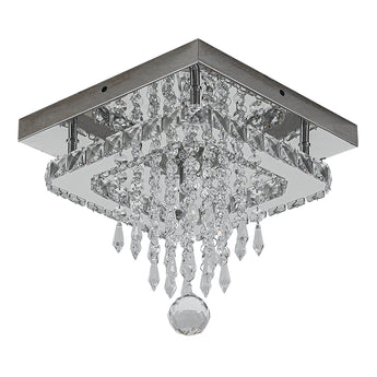 Square crystal ceiling light with hanging droplet prisms and chrome frame