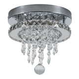 Round crystal ceiling light with faceted clear crystal droplets and metal canopy