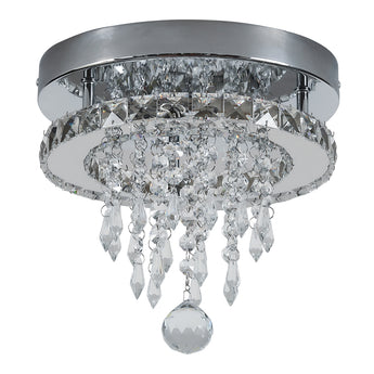 Round crystal ceiling light with faceted clear crystal droplets and metal canopy