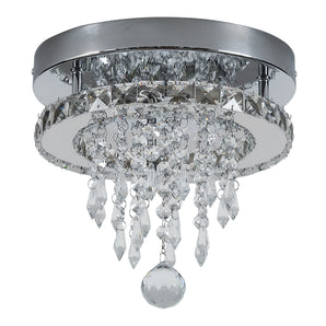 Round crystal ceiling light with faceted clear crystal droplets and metal canopy
