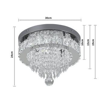 Round crystal flush-mount ceiling light with clear prisms and dark metal frame (30cm)