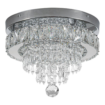 Round crystal ceiling light, clear prism crystals with dark metal top ring and hanging drop