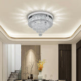 Round crystal ceiling light with dark metal ring and clear hanging crystal strands