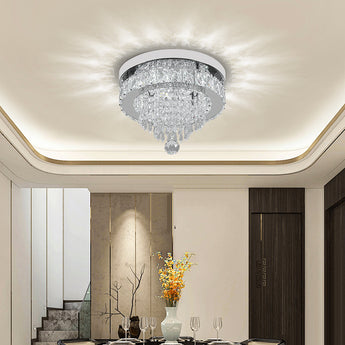 Round crystal ceiling light with dark metal ring and clear hanging crystal strands