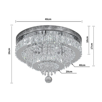 Round crystal flush-mount ceiling light; clear crystals, dark metal ring, 40cm x 26cm