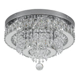 Round crystal ceiling light with dense clear prisms and dark metal canopy, dangling crystal