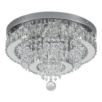 Round crystal ceiling light with dense clear prisms and dark metal canopy, dangling crystal