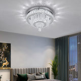 Round crystal ceiling light with clear crystal drops and dark metal rim