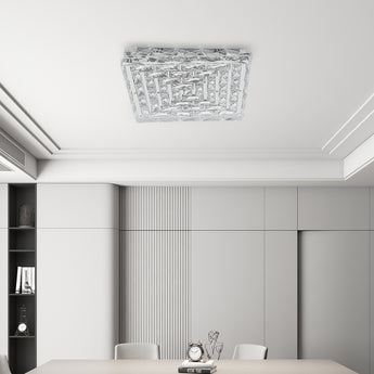 40cm square crystal LED ceiling light, clear faceted frame, flush mount