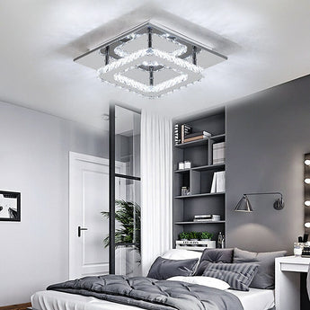 Chrome crystal square LED flush mount ceiling light with sparkling double-frame design