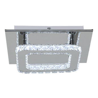 Square chrome LED flush mount with clear faceted crystal enclosure and open inner frame