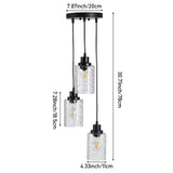 Black 3-light pendant light size chart with clear wave glass shades and black canopy