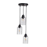 Black 3-light pendant light with wave-textured clear glass shades and black wiring
