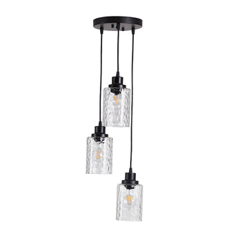 Black 3-light pendant light with wave-textured clear glass shades and black wiring