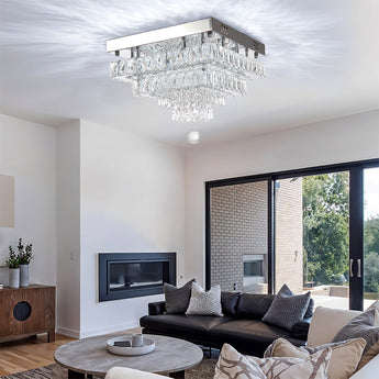 40W LED double-layer crystal ceiling light with hanging droplet prisms, chrome frame