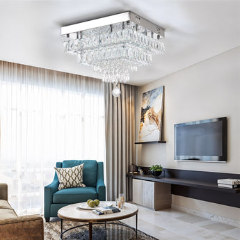 Crystal ceiling light fixture with double-layer clear prisms and droplet ornaments