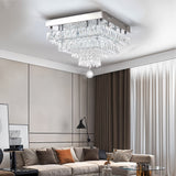 Crystal droplet ceiling light with clear double-layer hanging prisms, chrome canopy