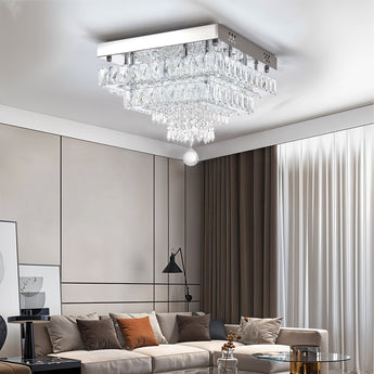 Crystal droplet ceiling light with clear double-layer hanging prisms, chrome canopy