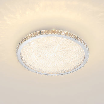 Round LED crystal ceiling light, lit white glass panel with crystal rim