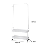 White rolling clothes rack size diagram: 147cm height, 65.5cm width, 28.5cm depth