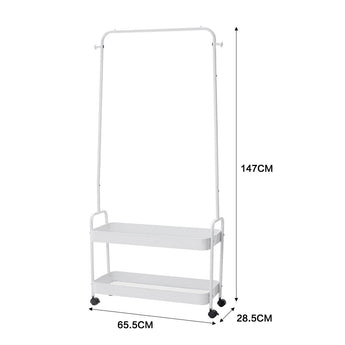 White rolling clothes rack size diagram: 147cm height, 65.5cm width, 28.5cm depth