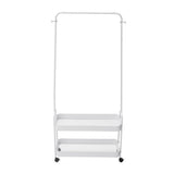 White rolling clothes rack, empty view with hanging bar and two mesh shelves