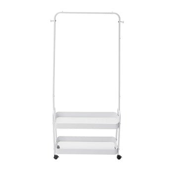 White rolling clothes rack, empty view with hanging bar and two mesh shelves