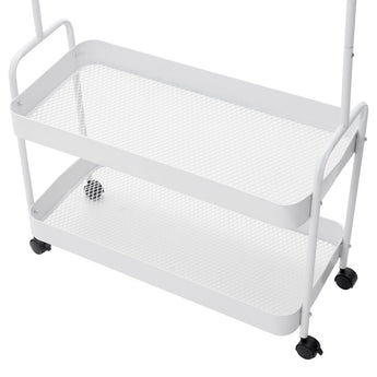 White clothes rack shelves with wire mesh platform and side rails