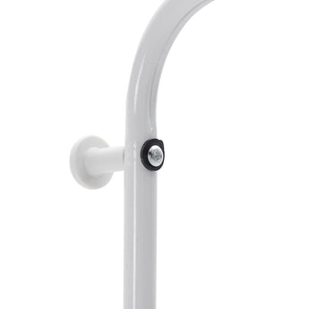 White rolling clothes rack wheel connection at the base post