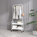White rolling clothes rack with hanging clothes and two-tier storage shelves