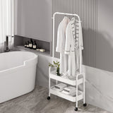 White rolling clothes rack with hanging bar and two lower shelves for garments