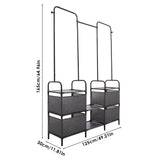 Garment rack size 125cm W x 30cm D x 165.9cm H with gray bins and hang rails