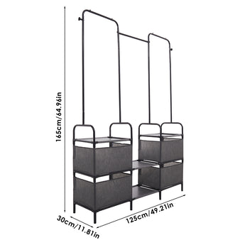 Garment rack size 125cm W x 30cm D x 165.9cm H with gray bins and hang rails