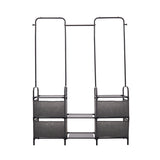 Freestanding garment rack frame with two gray fabric basket drawers and hang rails