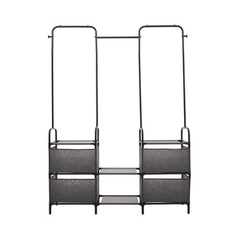 Freestanding garment rack frame with two gray fabric basket drawers and hang rails