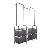 Garment rack with two-tier gray fabric bins and double top hang frames