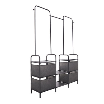 Garment rack with two-tier gray fabric bins and double top hang frames