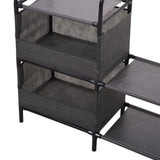 Close-up of gray fabric drawers with sturdy metal rails on garment rack