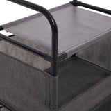 Gray fabric basket shelves with black metal supports on garment rack