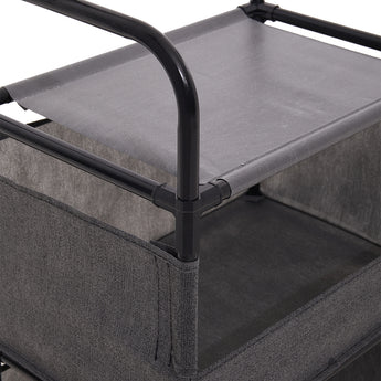 Gray fabric basket shelves with black metal supports on garment rack