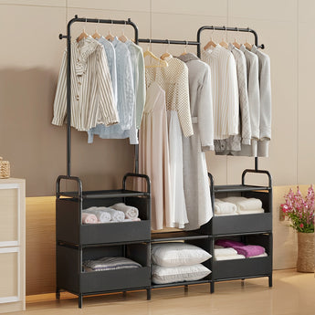 Metal garment rack with hanging rails and gray storage shelves, freestanding