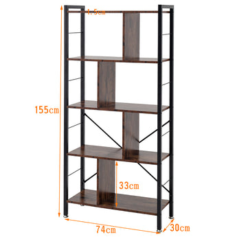 5-stufiges Bücherregal mit Maßen: 74 cm Breite, 30 cm Tiefe, 155 cm Höhe