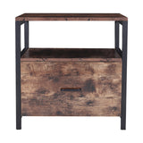 Brown bedside table with black metal legs, open storage shelf, single drawer