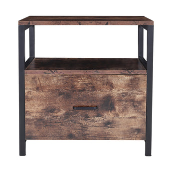 Brown bedside table with black metal legs, open storage shelf, single drawer