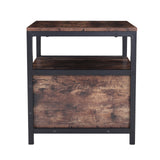Brown wood bedside table with black metal frame, one drawer and open shelf